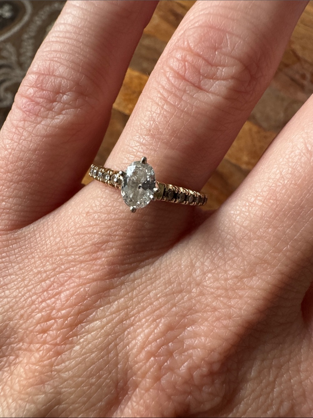 Gold Solitaire Oval diamond Engagement Ring with Pavé Band - Gold